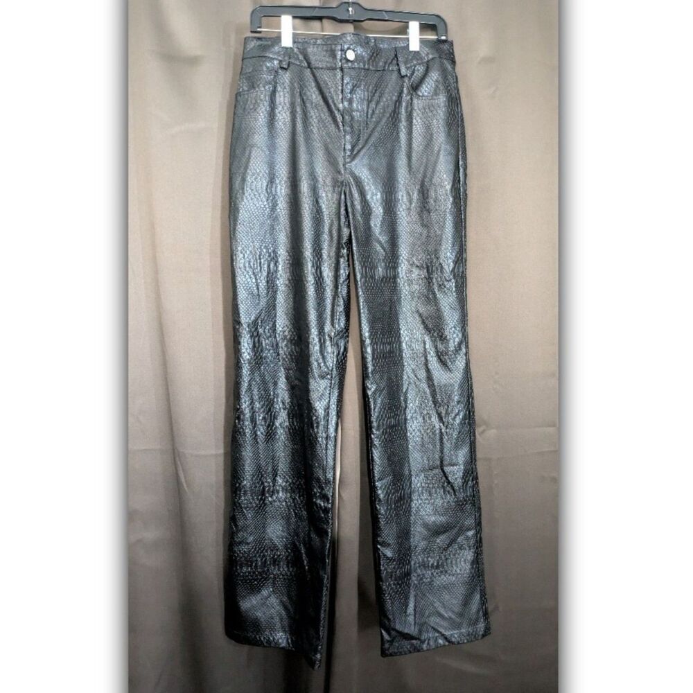 Women's Snakeskin Embossed Faux Leather Straight Leg Pants Black High Rise L